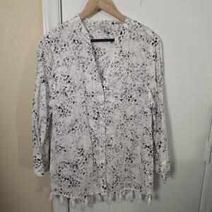 ZOZO Linen Button Up Women’s White Floral Shirt XL Tassel Boho Beach Lightweight